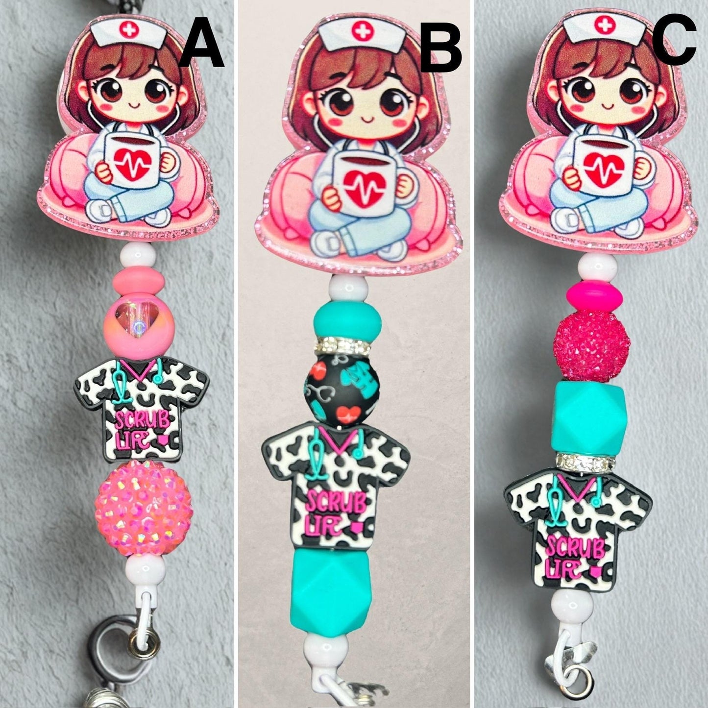 Personalized Beaded Nurse Name Badge with Adorable Girl Nurse Charm.