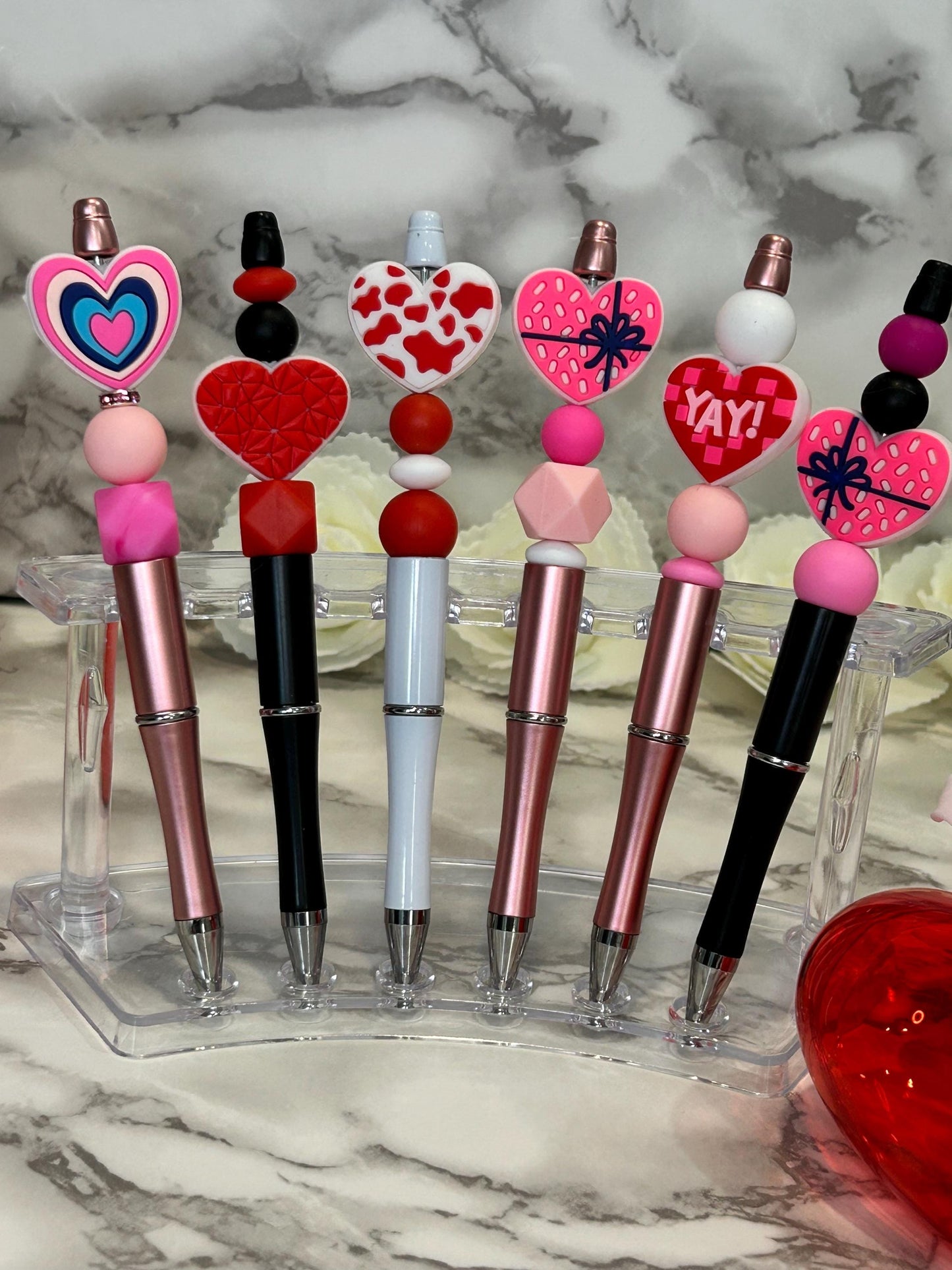 Heart themed beaded pens