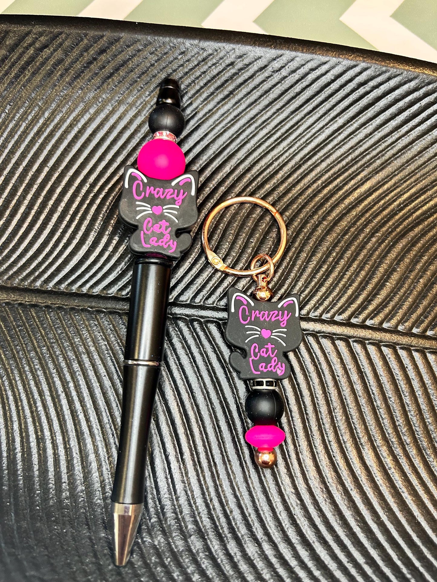 Purr-fectly Quirky Cat Lady Set: Silicone Pen and Keychain in Pink and Black - Fun Gift Idea!