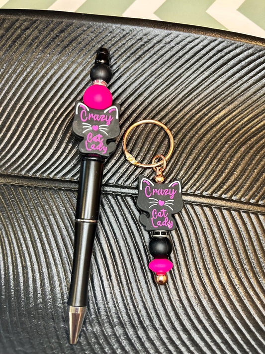 Purr-fectly Quirky Cat Lady Set: Silicone Pen and Keychain in Pink and Black - Fun Gift Idea!