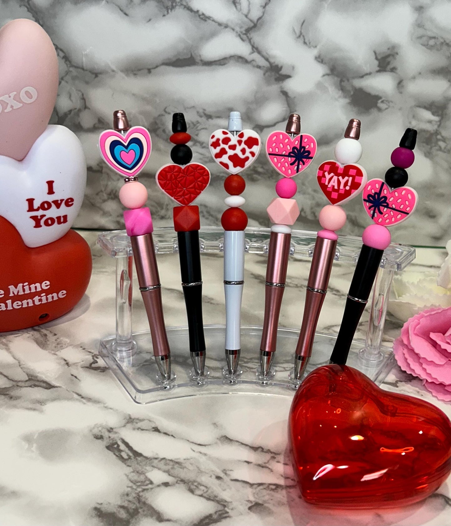 Heart themed beaded pens