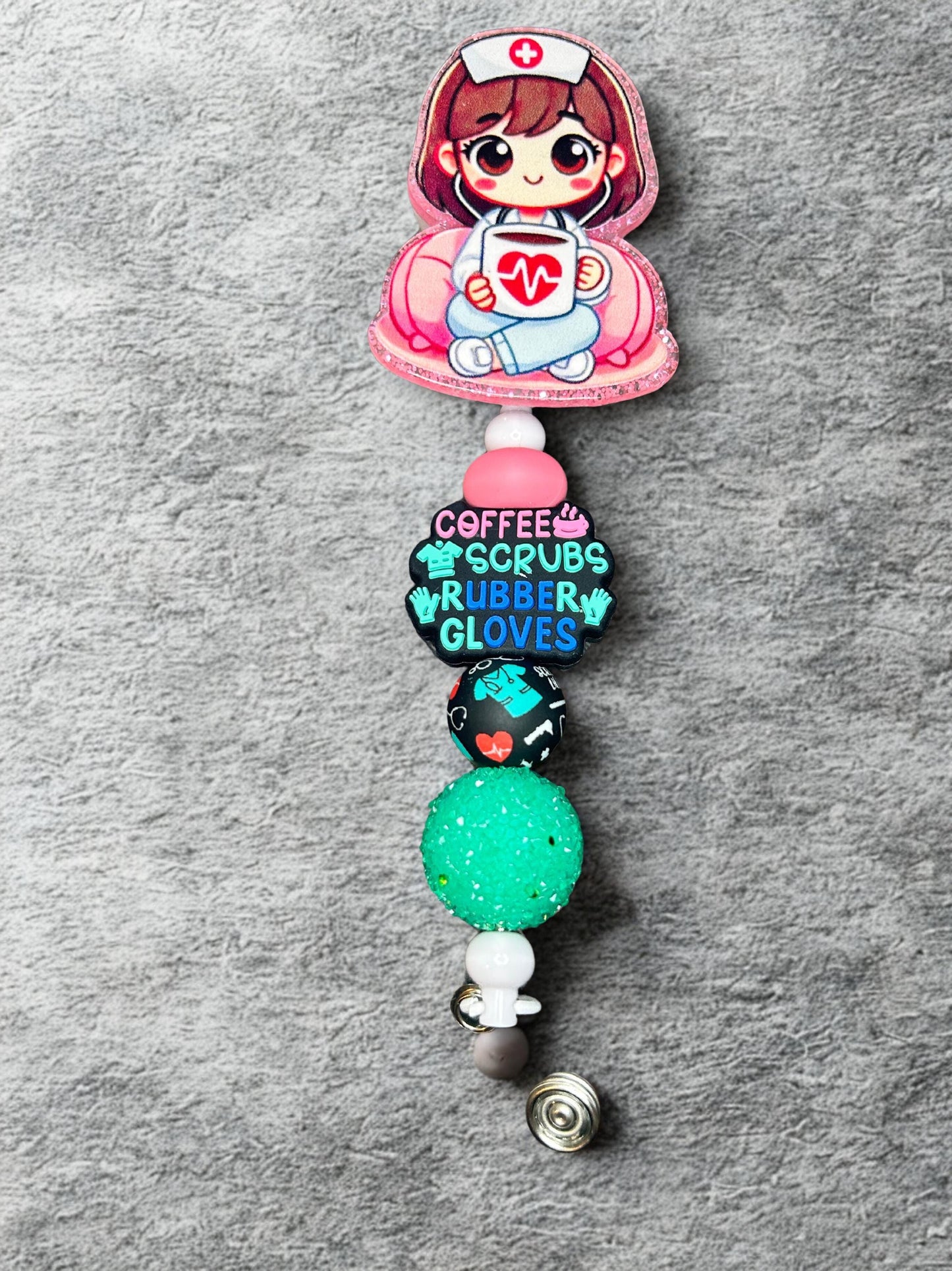 Personalized Beaded Nurse Name Badge with Adorable Girl Nurse Charm.