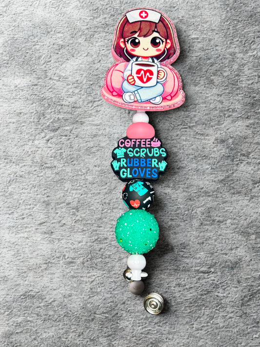 Personalized Beaded Nurse Name Badge with Adorable Girl Nurse Charm.