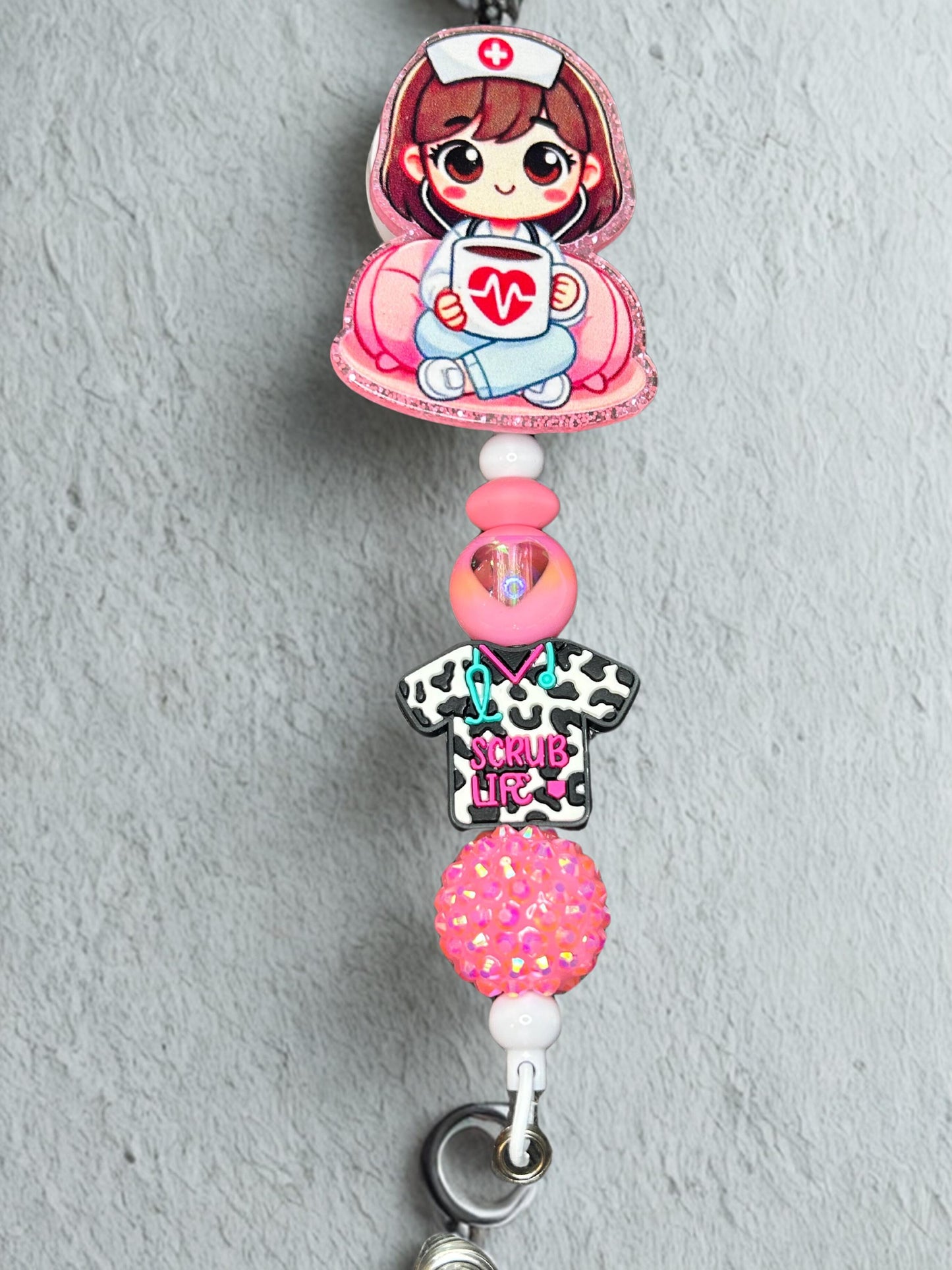 Personalized Beaded Nurse Name Badge with Adorable Girl Nurse Charm.