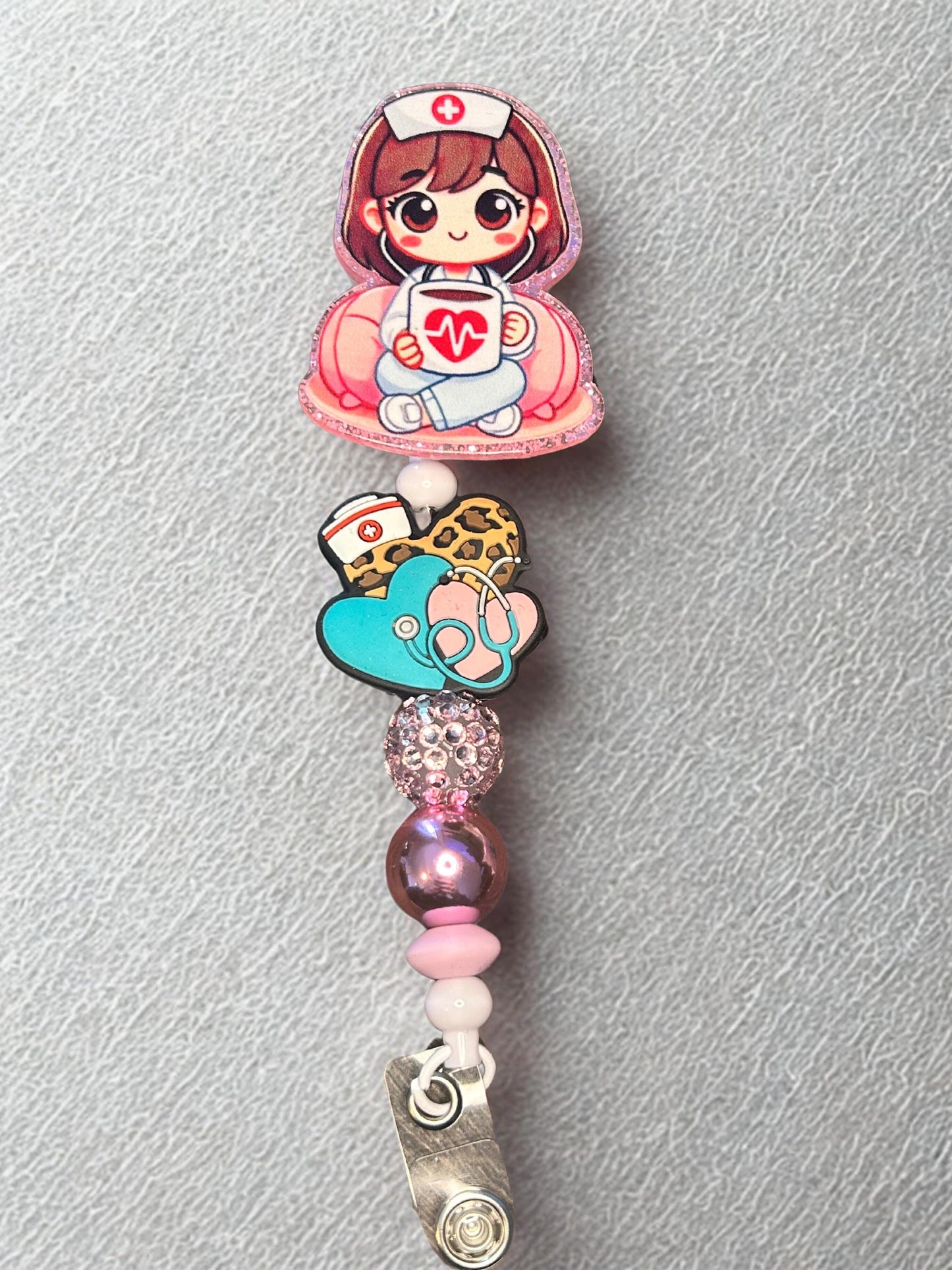 Personalized Beaded Nurse Name Badge with Adorable Girl Nurse Charm.