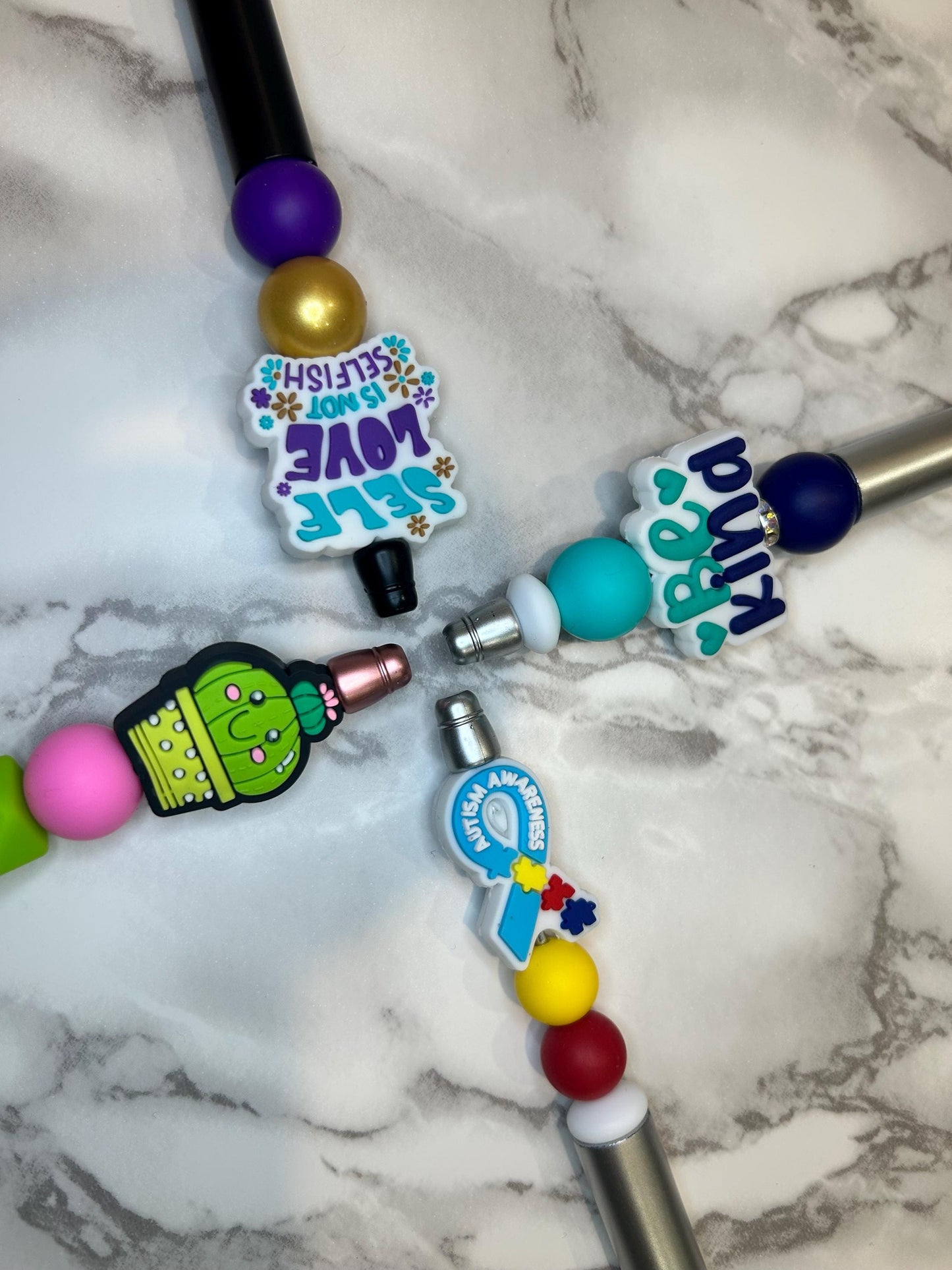 silicone beaded pens, be kind, autism awareness, cactus, self love, great gifts.