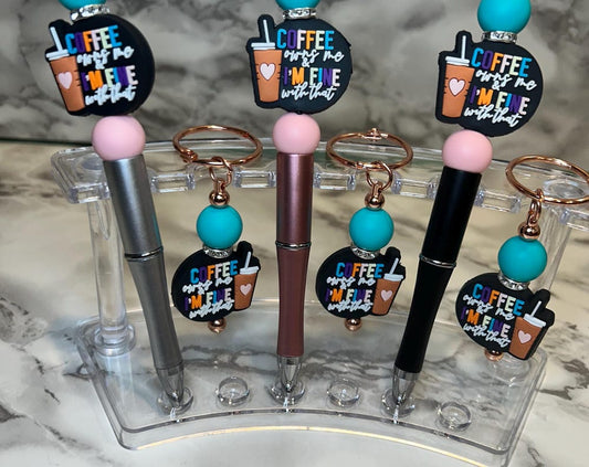 Coffee owns me and I’m fine with that beaded pen & keychain set