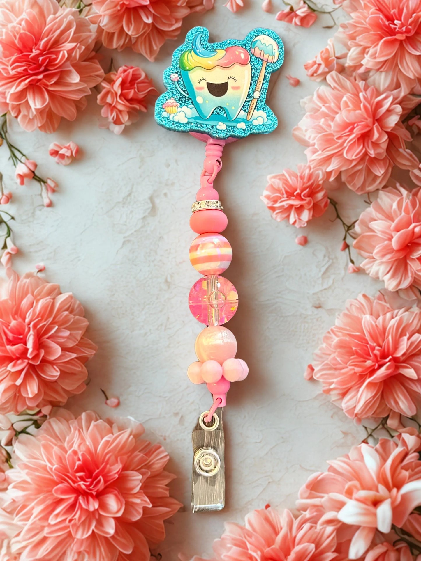 Handmade Dentist/ Dental Hygienist Beaded Name Badge with cute Tooth Charm