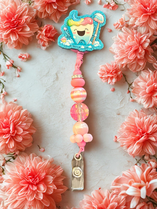 Handmade Dentist/ Dental Hygienist Beaded Name Badge with cute Tooth Charm
