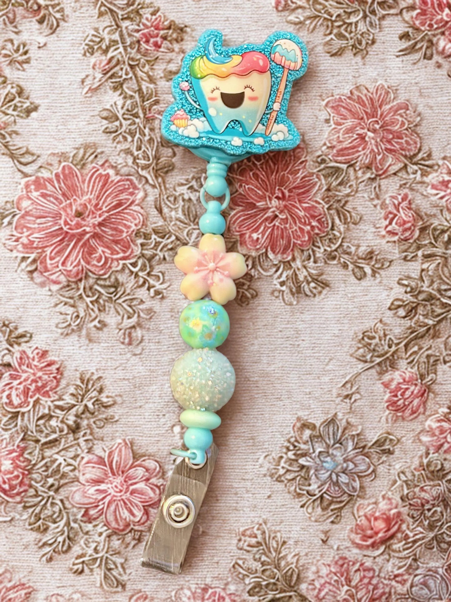 Handmade Dentist/ Dental Hygienist Beaded Name Badge with cute Tooth Charm